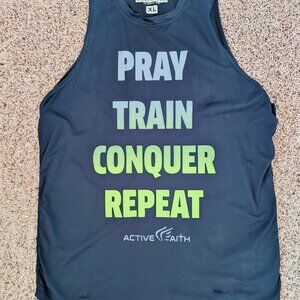 Active Faith Premium Workout Tank Shirt Pray Train Conquer Repeat Mens XL